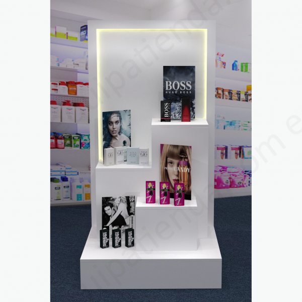 Escaparate blanco con repisas y luz LED para exhibición de productos – Carpintería Equipatienda