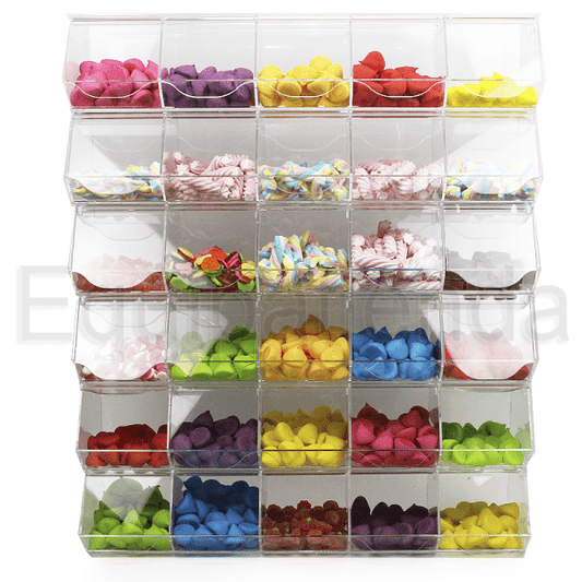 Módulo expositor de carameleras de metacrilato transparente con tapas, ideal para golosinas y productos a granel.