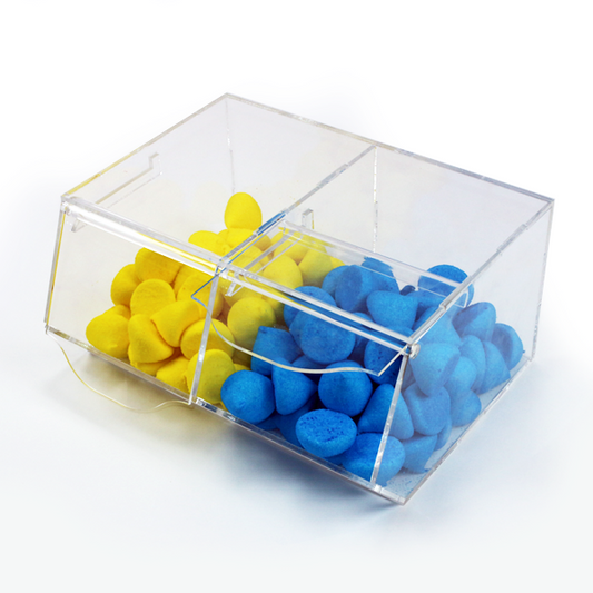 Carameleras modulares dobles de metacrilato con tapa abatible. Fabricación propia y a medida