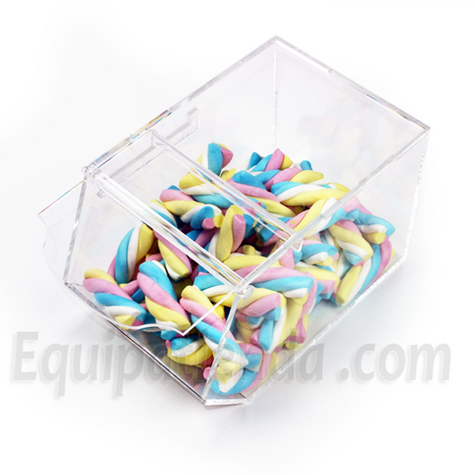 Caramelera transparente individual con tapa abatible para tiendas de golosinas y frutos secos. Fabricación propia