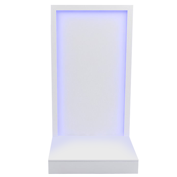 Mueble para escaparate en melamina con iluminación LED integrada y panel vertical.