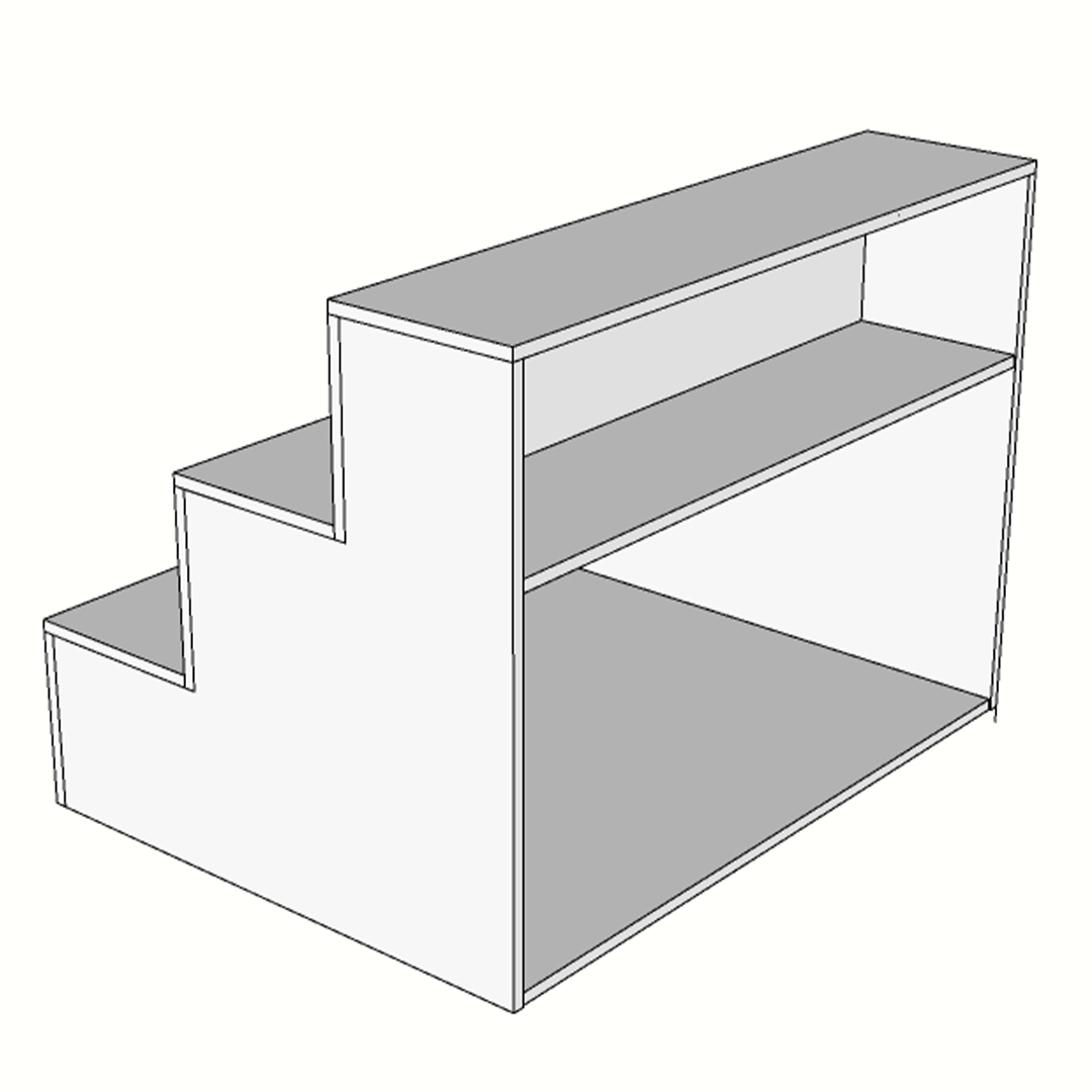 Escaparate escalonado de melamina con estante trasero, fabricado a medida. Ideal para tiendas y comercios que buscan exponer productos en varios niveles y aprovechar espacio de almacenamiento adicional. Diseño funcional y versátil.
