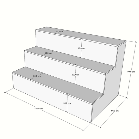 Escaparate escalonado fabricado a medida en melamina, ideal para tiendas y comercios. Diseño en niveles que permite una exposición ordenada y llamativa de productos, destacando artículos promocionales o de temporada.