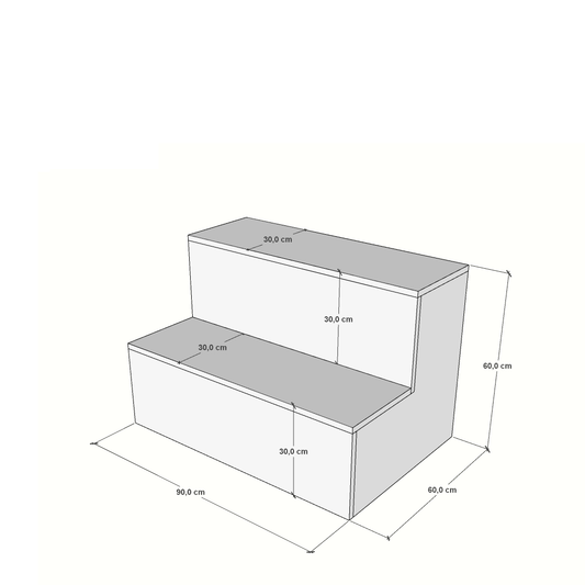 Escaparate escalonado fabricado a medida en melamina, ideal para tiendas y comercios. Diseño en niveles que permite una exposición ordenada y llamativa de productos, destacando artículos promocionales o de temporada.