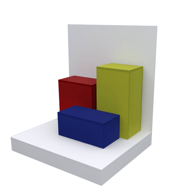 Escaparate con tarima y pedestales en melamina de colores, ideal para exhibición de productos en comercios.