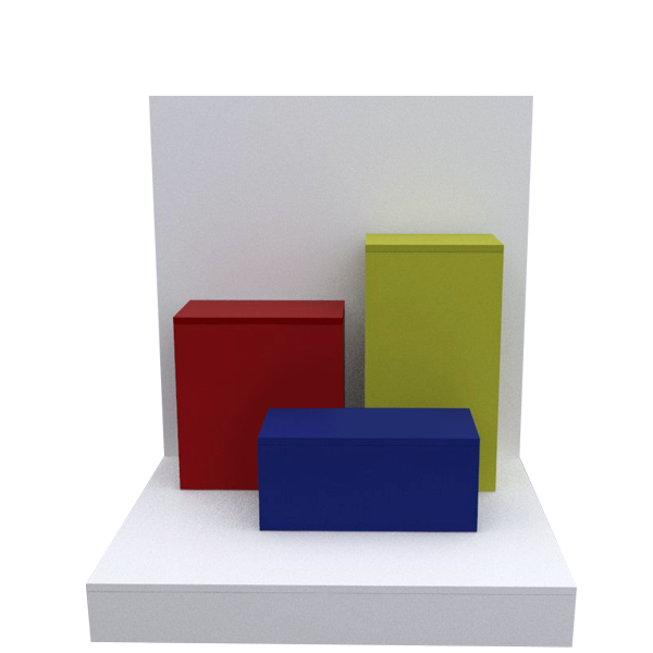 Escaparate con tarima y pedestales en melamina de colores, ideal para exhibición de productos en comercios.