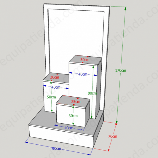 Escaparate con fondo alto y pedestales de diferentes alturas. Mobiliario comercial ideal para tiendas y exposiciones. Diseño versátil, elegante y pensado para destacar productos.