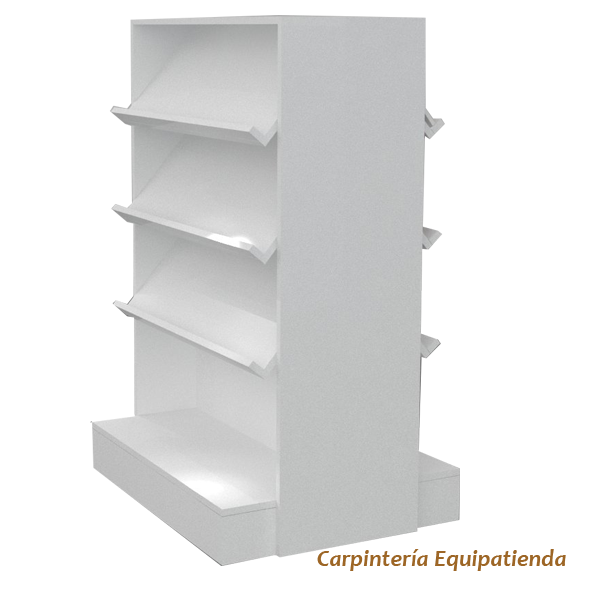 Revistero góndola blanco de melamina con estantes inclinados para exhibición de revistas y libros.