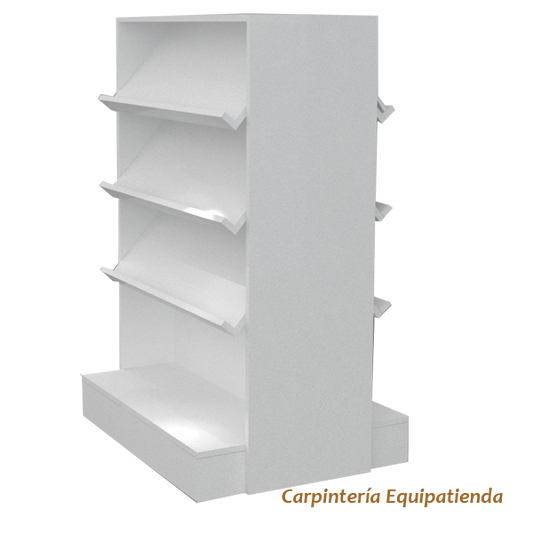 Revistero góndola blanco de melamina con estantes inclinados para exhibición de revistas y libros.