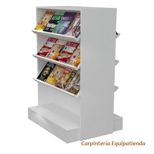 Revistero góndola blanco de melamina con estantes inclinados para exhibición de revistas y libros – Carpintería Equipatienda