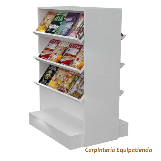 Revistero góndola blanco de melamina con estantes inclinados para exhibición de revistas y libros – Carpintería Equipatienda