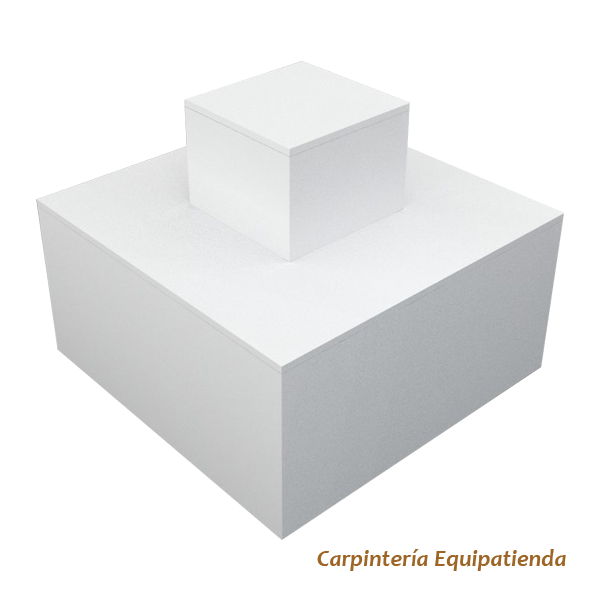 Isla central de melamina con cantos de PVC, con plataformas a diferentes alturas. Expositor comercial fabricado a medida, ideal para destacar productos en tiendas, comercios y espacios promocionales. Diseño funcional, dinámico y versátil.