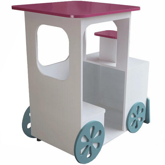 Isla central con diseño de locomotora en DM lacado, ideal para tiendas infantiles y de golosinas.