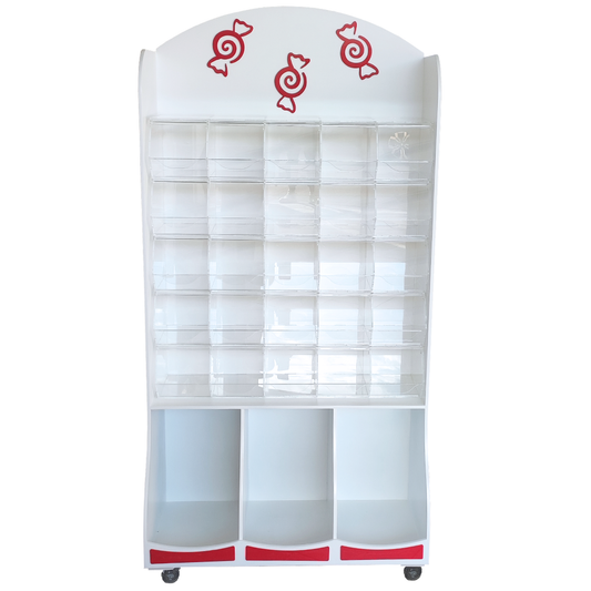 Mueble expositor para golosinas con carameleras de metacrilato y ruedas, ideal para tiendas y eventos.