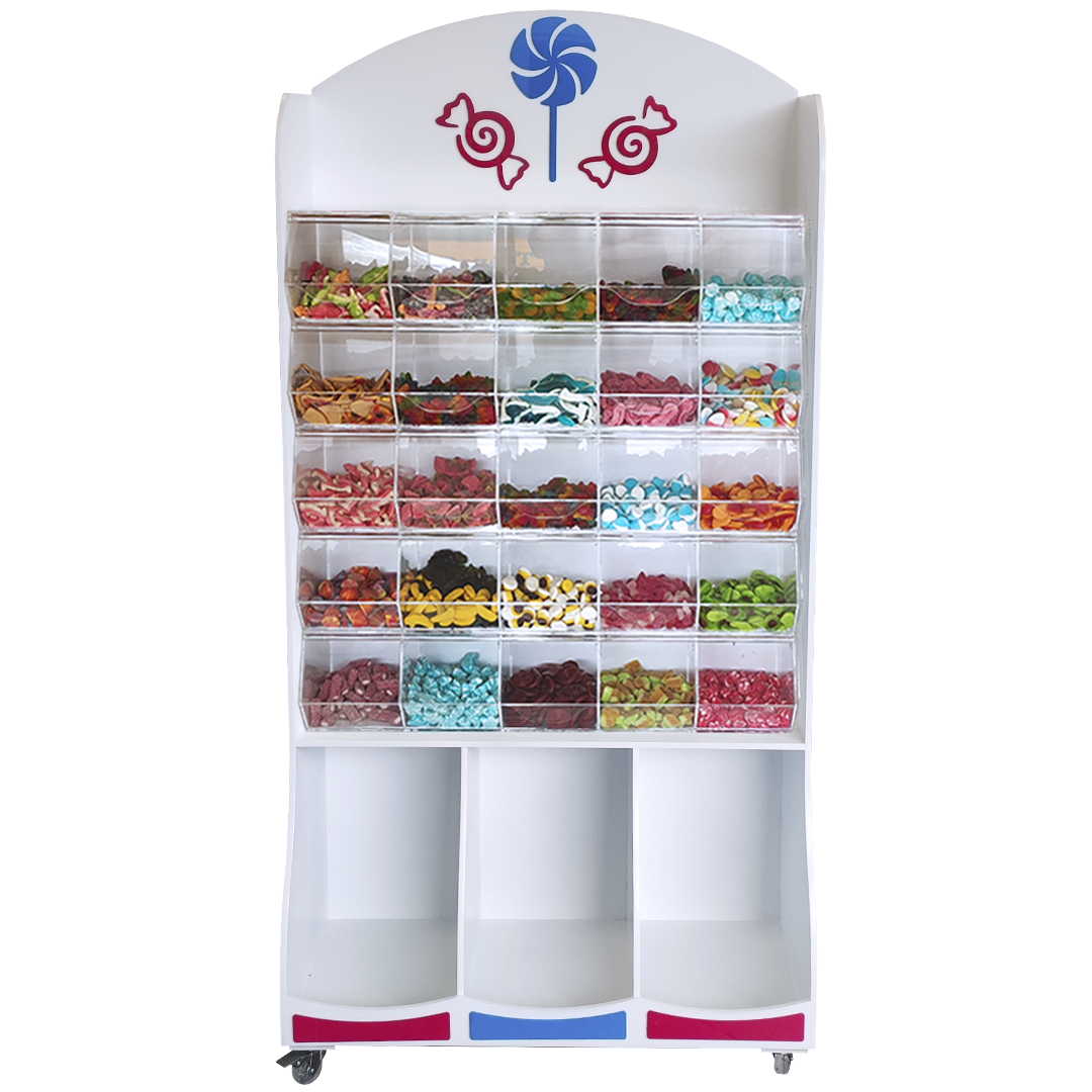 Mobiliario con metacrilato fabricado a medida para tiendas de chuches, con estructura de melamina y compartimentos inferiores para snacks. Solución práctica e higiénica para la exposición organizada de golosinas y productos de impulso.