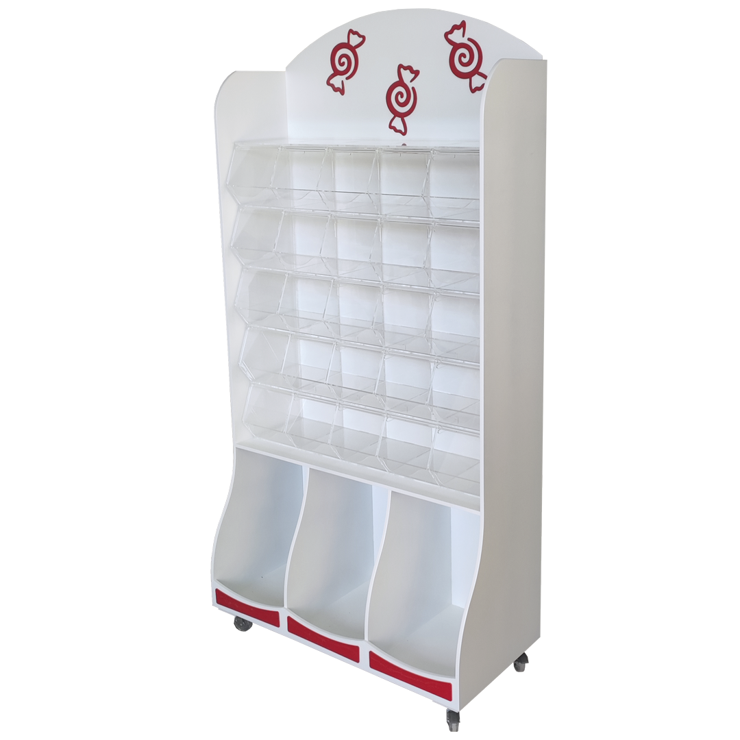 Expositor para golosinas con 25 carameleras de metacrilato y ruedas, ideal para tiendas y eventos.