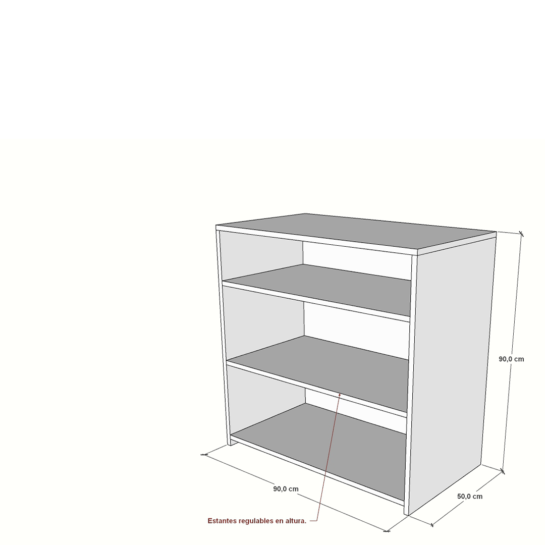 Mostrador compacto con estantes regulables en altura, fabricado en melamina, ideal para oficinas, tiendas y recepciones.
