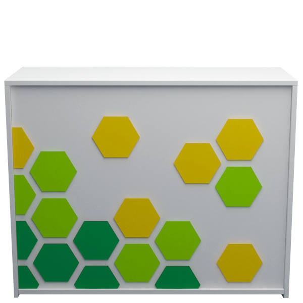 Mostrador blanco con detalles hexagonales en verde y amarillo, ideal para negocios modernos.