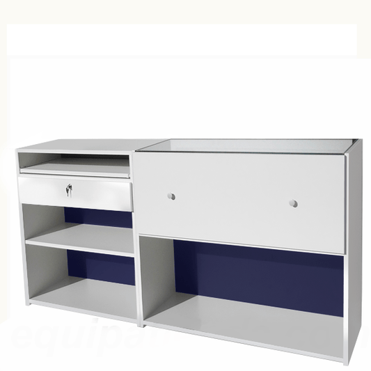 Mostrador escalonado con vitrina de cristal templado y cajón de seguridad y bandeja extraíble. Ideal para cualquier tipo de comercio