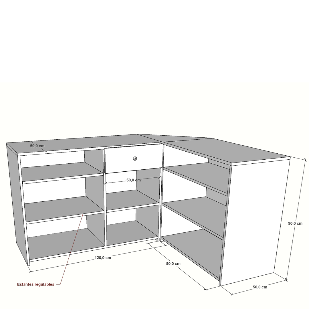 Mostrador esquinero de melamina para recepción, con cajón y estantes regulables. Diseño compacto y funcional, ideal para optimizar el espacio en oficinas, centros de atención y puntos de bienvenida. Fabricado a medida.