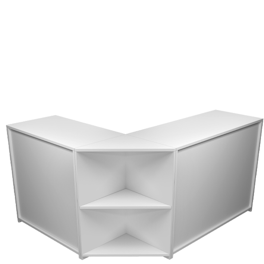 Mostrador esquinero en L blanco con almacenamiento y estantes regulables, ideal para optimizar espacios comerciales.
