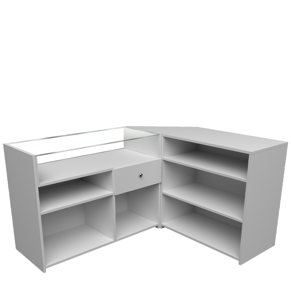 Mostrador esquinero con vitrina de cristal, cajón y estantes regulables, ideal para tiendas y comercios.