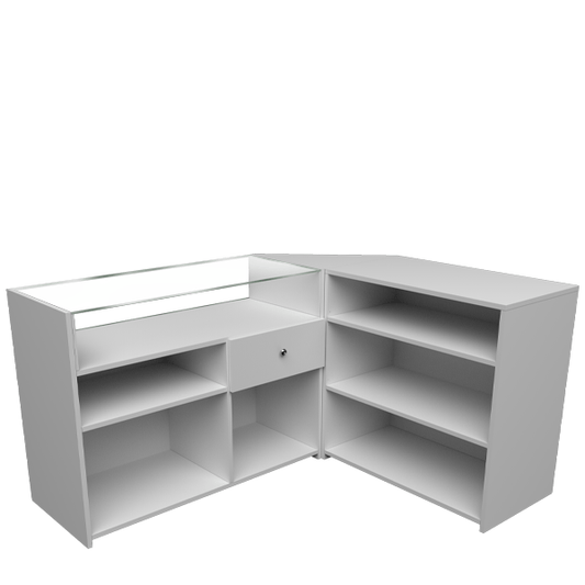 Mostrador esquinero con vitrina de cristal, cajón y estantes regulables, ideal para tiendas y comercios.