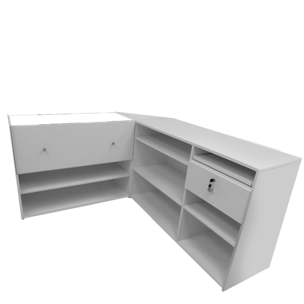 Mostrador esquinero escalonado de cobro con cajón de seguridad y estantes, ideal para tiendas y comercios.
