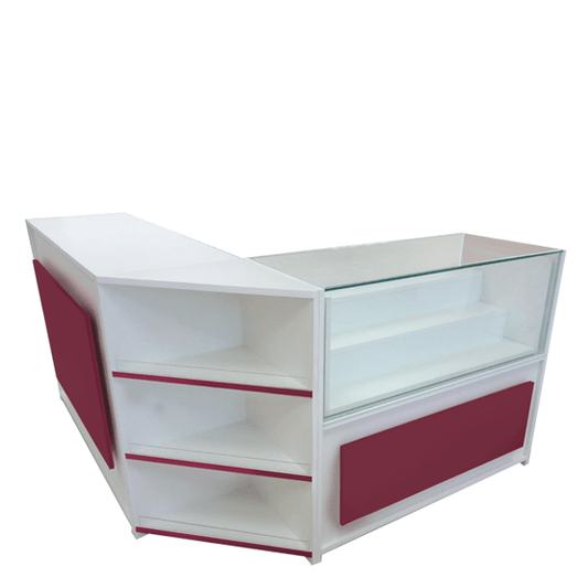 Mostrador esquinero con vitrina escalonada, cajón y estantes regulables, fabricado a medida en melamina. Solución ideal para tiendas y comercios que buscan funcionalidad, exposición destacada y aprovechamiento del espacio.