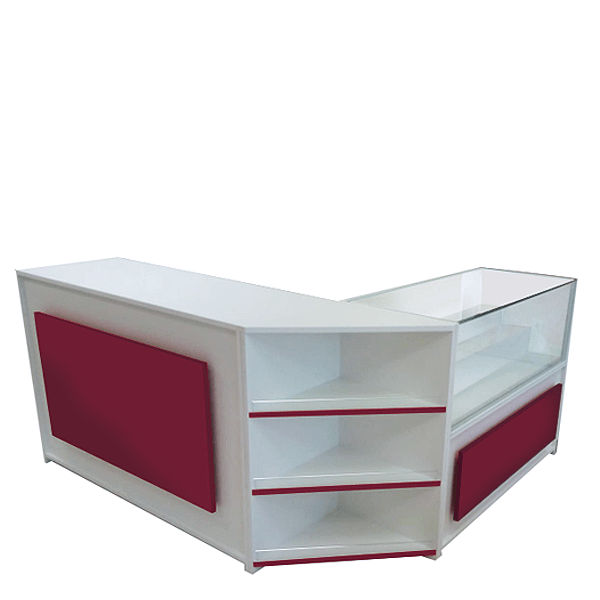 Mostrador esquinero con vitrina escalonada, cajón y estantes regulables, fabricado a medida en melamina. Solución ideal para tiendas y comercios que buscan funcionalidad, exposición destacada y aprovechamiento del espacio.