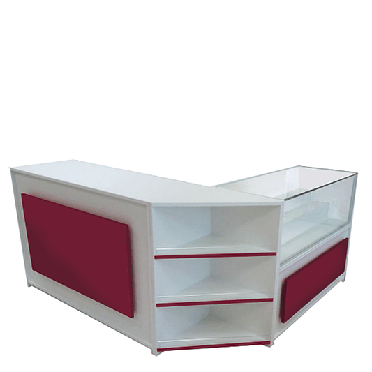 Mostrador esquinero con vitrina escalonada, cajón y estantes regulables, fabricado a medida en melamina. Solución ideal para tiendas y comercios que buscan funcionalidad, exposición destacada y aprovechamiento del espacio.