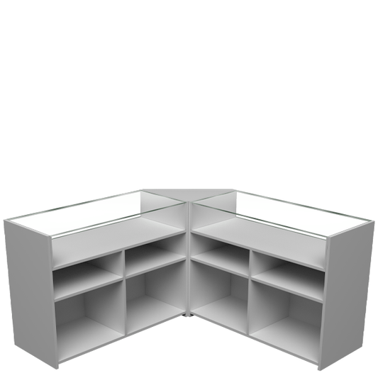 Mostrador esquinero con vitrinas de cristal templado y estantes de almacenamiento, ideal para exhibición en tiendas.