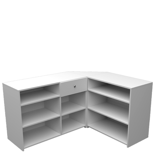 Mostrador esquinero con cajón y estantes regulables, ideal para optimizar el almacenamiento en tiendas y oficinas.