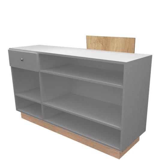 Mostrador con marquesina, iluminación LED, cajón y estantes regulables, fabricado a medida en melamina. Diseño funcional y llamativo, ideal para puntos de cobro, recepción o atención al cliente en tiendas y comercios.