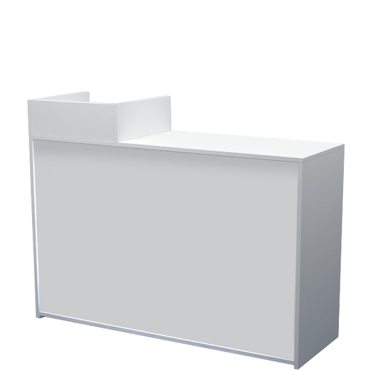 Mostrador blanco con marquesina y amplio espacio de almacenamiento. Ideal para tiendas y oficinas