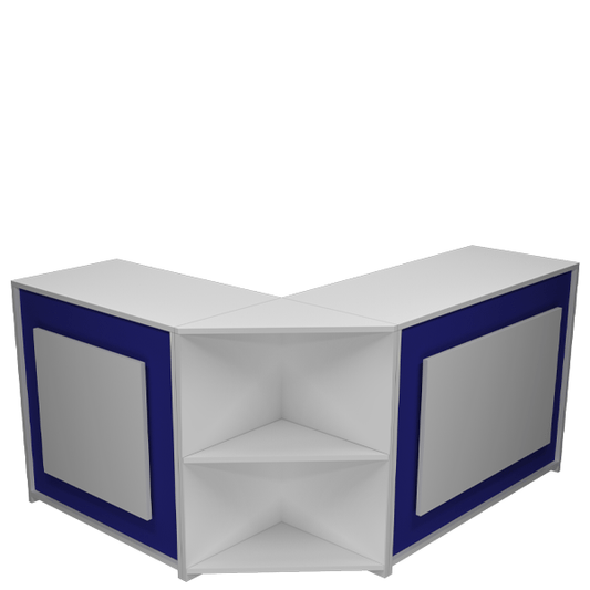 Mostrador esquinero en L con almacenamiento y estantes regulables, ideal para optimizar espacios comerciales.