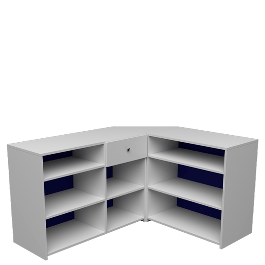 Mostrador esquinero con cajón y estantes regulables, ideal para optimizar el almacenamiento en tiendas y oficinas.