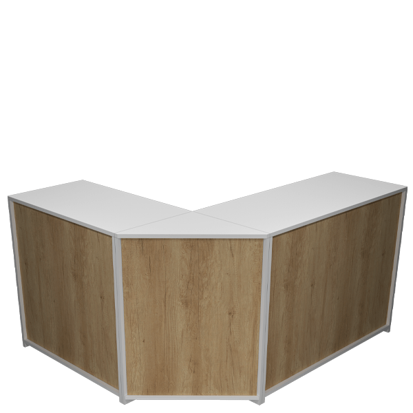 Mostrador esquinero en L blanco con frontal en acabado roble, ideal para optimizar espacios comerciales. Fabricación a medida