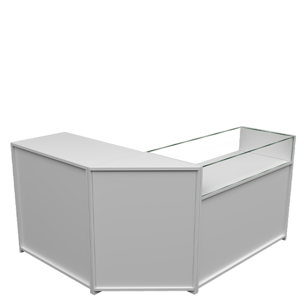 Mostrador esquinero en L con vitrina de cristal templado, ideal para exhibición de productos en tiendas y comercios.