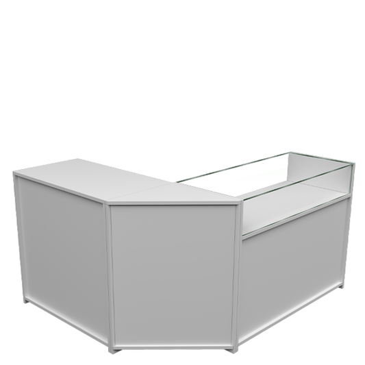 Mostrador esquinero en L con vitrina de cristal templado, ideal para exhibición de productos en tiendas y comercios.