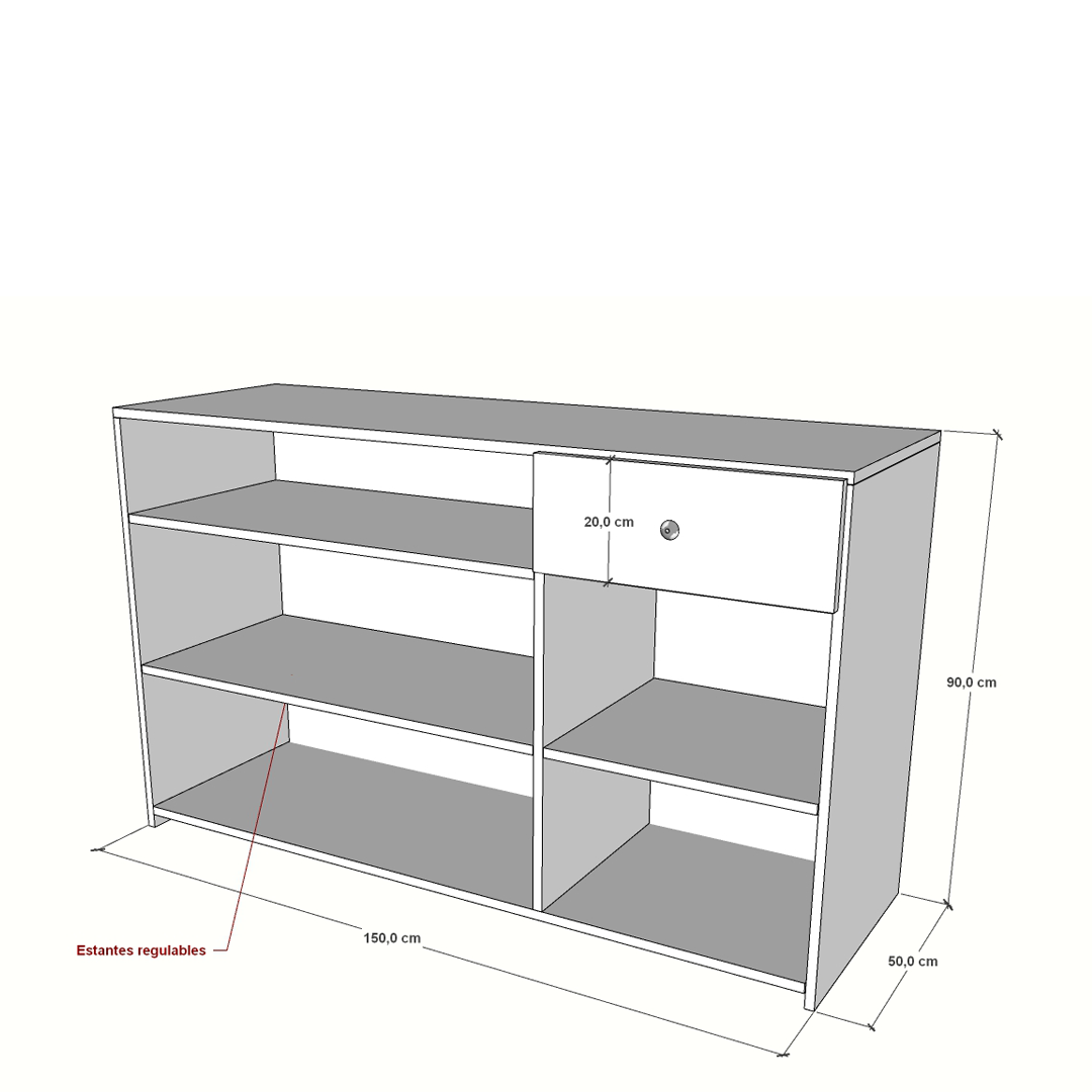 Mostrador de melamina con estantes regulables y cajón, fabricado a medida. Mueble funcional y versátil para tiendas, oficinas y puntos de atención. Diseño práctico que facilita la organización y el trabajo diario.