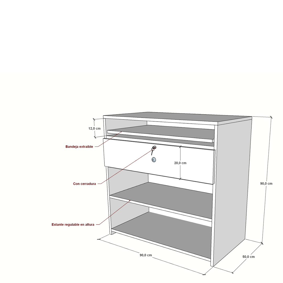 Mostrador compacto con cajón con cerradura, bandeja extraíble y estantes regulables, ideal para oficinas, tiendas y recepciones.