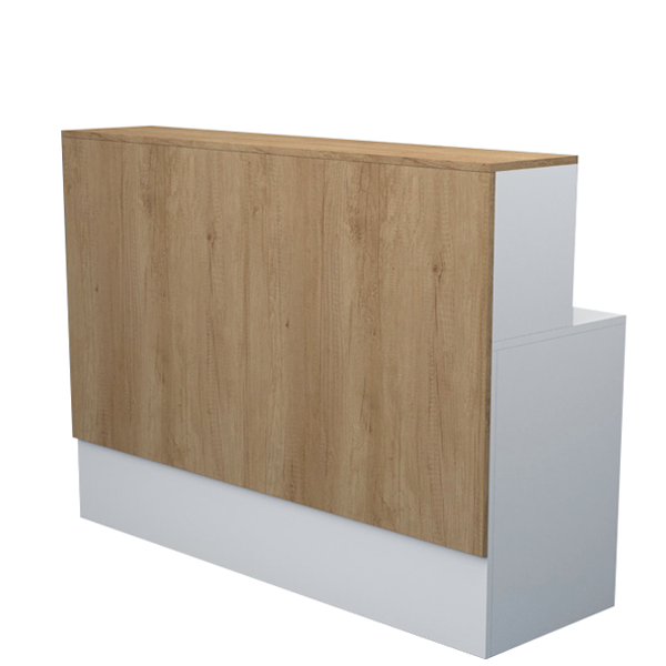 Mostrador de recepción en color blanco y madera, con amplio espacio de trabajo y cajonera de almacenamiento. Fabricación a medida