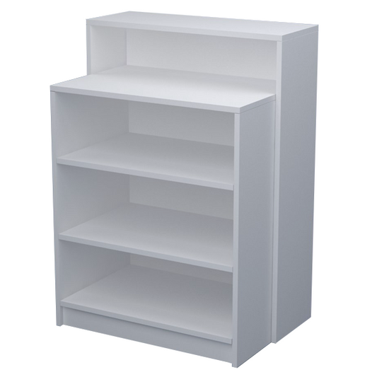 Mostrador compacto con estantes regulables, ideal para tiendas, oficinas y espacios reducidos.