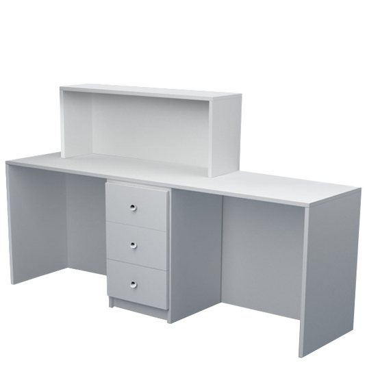 Mostrador de recepción con cajonera y estantes, ideal para oficinas y tiendas.