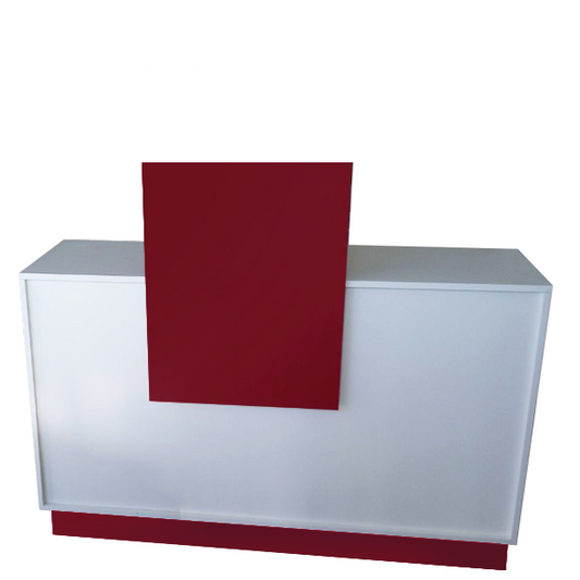 Mostrador de melamina con marquesina, estantes regulables y cajón con cerradura, fabricado a medida. Ideal para recepciones, oficinas y puntos de cobro. Diseño funcional, seguro y adaptable a distintos espacios comerciales.