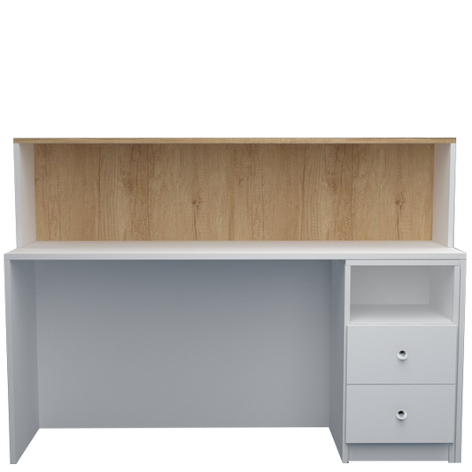 Mostrador de recepción blanco con detalles en melamina color madera, diseño moderno con cajonera y estante.