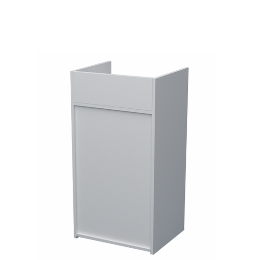 Mostrador compacto blanco con marquesina y cajón para almacenamiento. Ideal para puntos de venta en tiendas y comercios