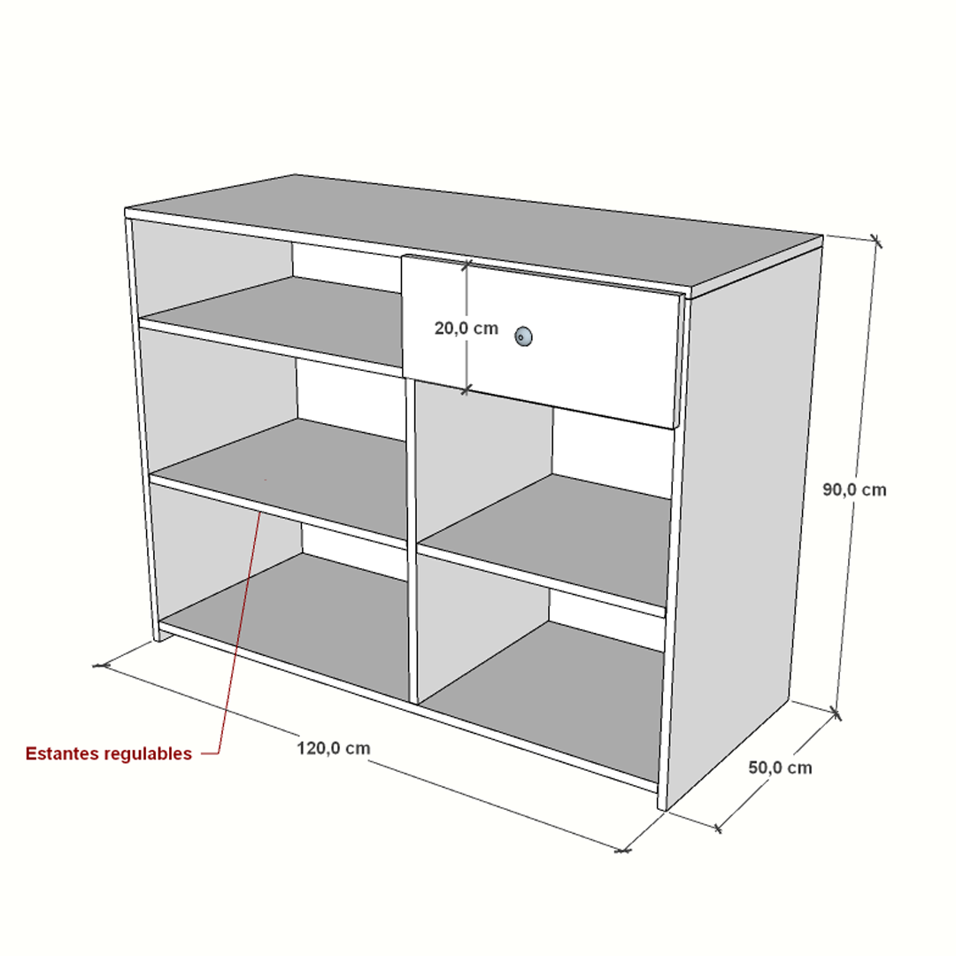 Mostrador blanco de melamina con cajón y estantes regulables, ideal para tiendas y comercios. Mueble comercial resistente y práctico.