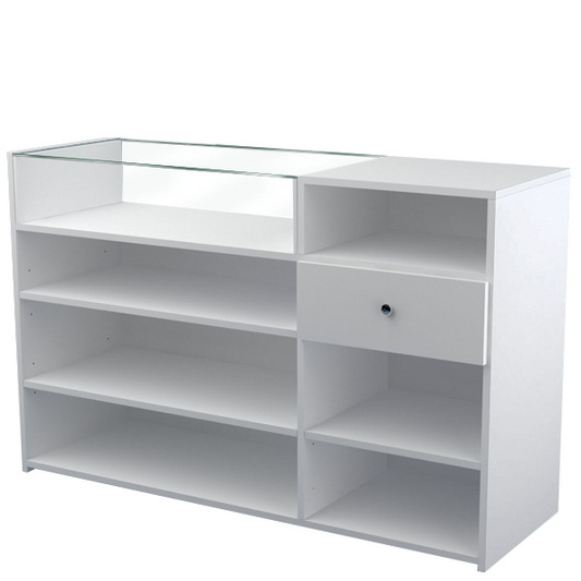 Mostrador blanco con vitrina de cristal templado, estantes regulables y cajón, ideal para tiendas y negocios.